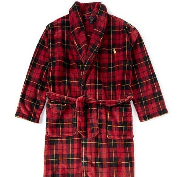 NWT MEN'S POLO RALPH LAUREN PLUSH PLAID BATH ROBE RED BLACK YELLOW - Picture 2 of 8